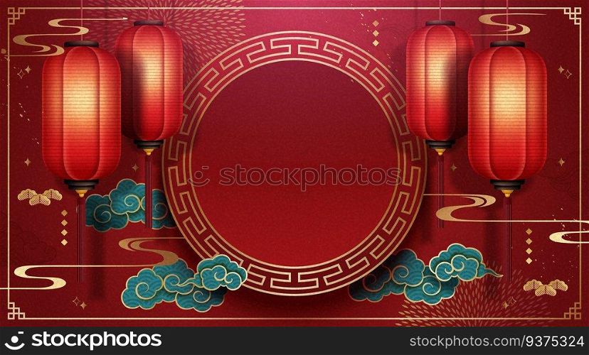 Beautiful Chinese spring festival background with red lanterns and turquoise clouds. Chinese spring festival background