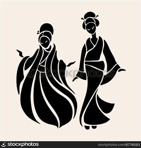 Beautiful Chinese Women. Beautiful Chinese Women in ethnic style. Vector Illustration