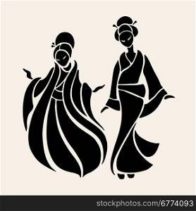 Beautiful Chinese Women. Beautiful Chinese Women in ethnic style. Vector Illustration
