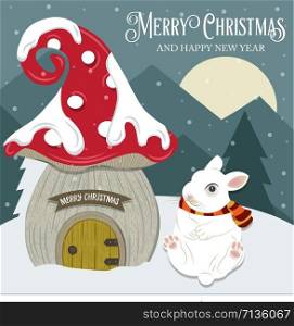Beautiful Christmas card with gome house and rabbit. Flat design. Vector