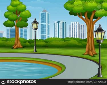Beautiful city park background with pool and street light