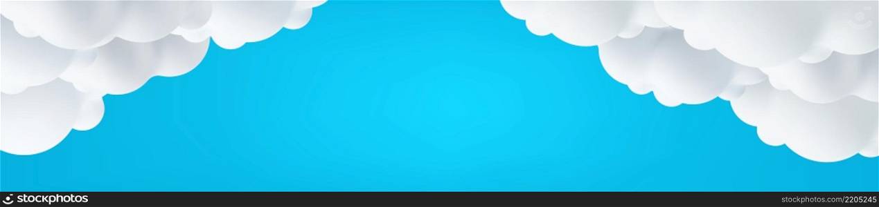 Beautiful clouds on blue sky background. Place for text. Summer day paperart banner header. Spring morning,template, border header. Vector illustration. Beautiful clouds on blue backdrop.