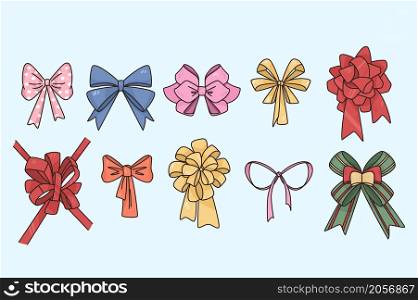 Beautiful colorful various bows collection isolated on blue background. Different colored holiday gifts decorated ribbons for New Year or Christmas set. Xmas decor for presents. Vector illustration. . Colorful bows vector collection for Christmas gifts