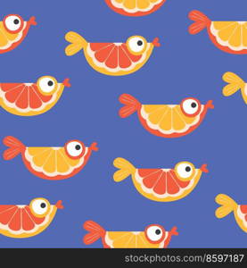 Beautiful colorful vector seamless pattern with orange and grapefruit slices and cute orange fish in bright colors.. Colorful seamless pattern with orange slices and cute orange fish. Vector illustration.