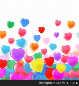 Beautiful colourful confetti hearts background, poster, greeting card template. Premium vector.