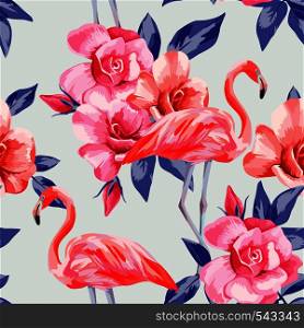Beautiful composition of rose and pink flamingos hand drawn watercolor. Seamless floral vector pattern on pale light blue background. Fashion wallpaper with flowers, leaves and bird
