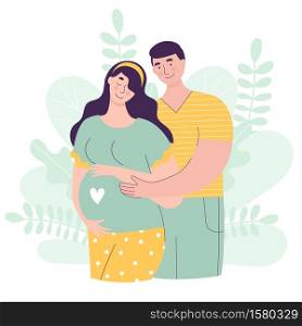 Beautiful couple in anticipation of a baby. Pregnant woman, husband and wife, family, parents. Happy pregnancy concept, fertilization, conception. Flat vector illustration with cute characters