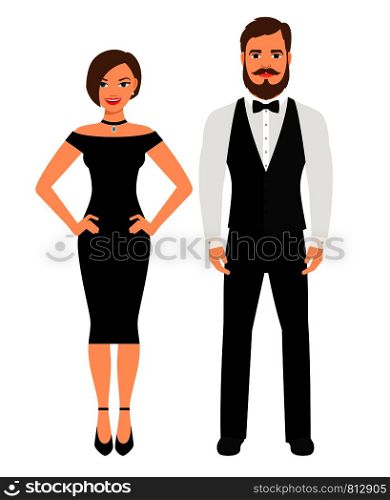 Beautiful couple in official style evening outfit. Lady in black dress and man in vest and bow on white background. Vector illustration. Beautiful couple in official style outfit