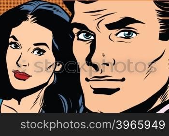 Beautiful couple man and woman pop art retro vector. Close-up face man girl. Pop art retro men. Beautiful couple man and woman pop art retro