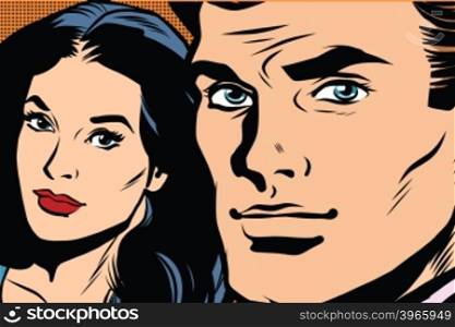 Beautiful couple man and woman pop art retro vector. Close-up face man girl. Pop art retro men. Beautiful couple man and woman pop art retro