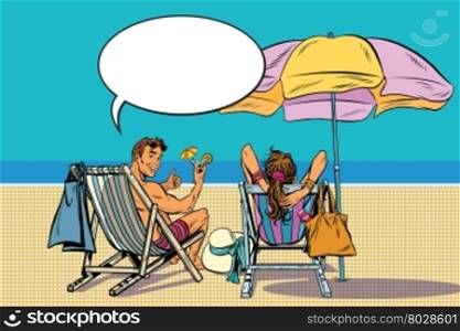 beautiful couple man and woman resting on the beach pop art retro vector. Travel and tourism. A holiday by the sea. beautiful couple man and woman resting on the beach
