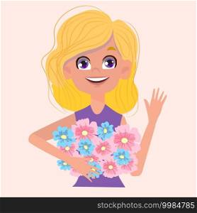 Beautiful cute girl with a bouquet of flowers, an illustration for postcards, banners, greetings. Vector illustration in the flat style