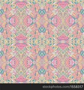 Beautiful cute pink tile art seamless pattern. Ethnic floral vector print. Ornamental repeating background texture. Fabric, cloth design, wallpaper, wrapping. Abstract festive colorful ethnic tribal bohemian seamless pattern