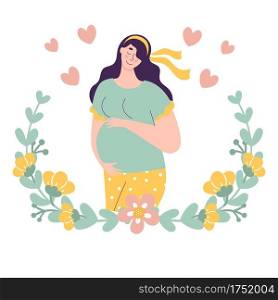 Beautiful cute pregnant woman. Concept of planning pregnancy, fertilization, conception, successful motherhood. Vector illustration in a flat style on a white background in a floral frame.