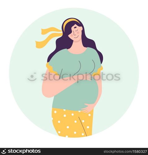 Beautiful cute pregnant woman. Concept of planning pregnancy, fertilization, conception, successful motherhood. Flat vector character