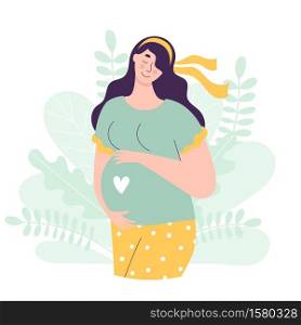 Beautiful cute pregnant woman. Concept of planning pregnancy, fertilization, conception, successful motherhood. Flat vector character