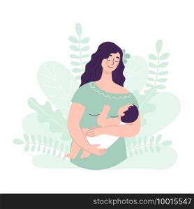 Beautiful cute woman with baby in her hand. Concept of Breast feeding and successful motherhood. Flat vector character on white background with flowes. Beautiful young woman holding a baby. The concept of happy motherhood, family, love. Vector illustration in flat style on floral background.