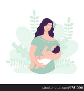 Beautiful cute woman with baby in her hand. Concept of Breast feeding and successful motherhood. Flat vector character on white background with flowes