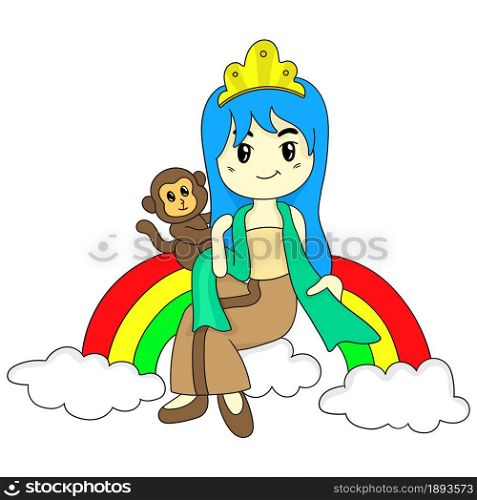 beautiful dancer princess with her pet monkey. cartoon illustration cute sticker