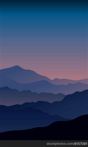 Beautiful dark blue mountain landscape. Sunrise and sunset in mountains.Wallpaper design, Wall art for home decor and prints.Vector illustration
