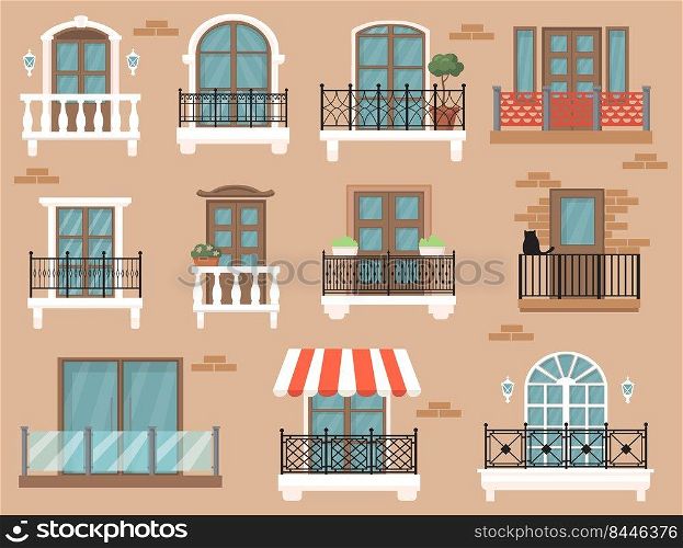 Beautiful decorated balcony flat set for web design. Cartoon vintage windows with classic decor and fences isolated vector illustration collection. Architecture and facade concept