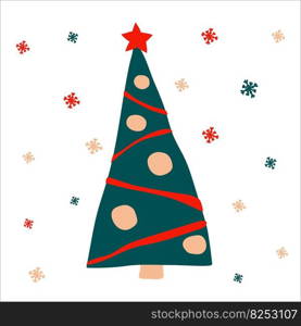 Beautiful decorated Christmas tree with garlands and balls on a white background with snowflakes. Vector illustration, in scandinavian hand drawn style, square format. Suitable for social media.. Beautiful decorated Christmas tree with garlands and balls on a white background with snowflakes. Vector illustration, in scandinavian hand drawn style, square format. Suitable for a greeting card or banner
