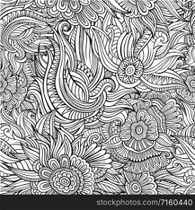 Beautiful decorative floral ethnic ornamental sketchy seamless pattern. Can be used for wallpaper, pattern fills, web page background, surface textures, coloring.. Vector seamless abstract flowers pattern
