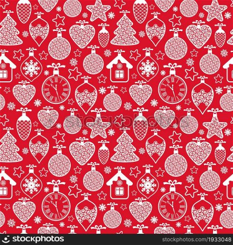 Beautiful design Christmas seamless pattern with xmas toys, balls, snowflakes and stars.. Beautiful design Christmas seamless pattern with xmas toys, balls, snowflakes and stars on red background. Graphic geometric surface pattern.