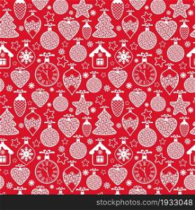 Beautiful design Christmas seamless pattern with xmas toys, balls, snowflakes and stars.. Beautiful design Christmas seamless pattern with xmas toys, balls, snowflakes and stars on red background. Graphic geometric surface pattern.