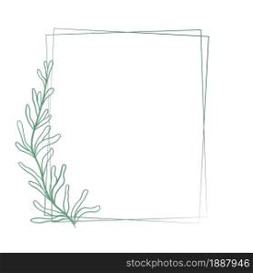 Beautiful double rectangular frame with a graceful elongated branch with sheets, vector illustration. Botanical template for congratulations or invitations. Hand drawn graphics, natural contour with leaves.. Beautiful double rectangular frame with a graceful elongated branch with sheets, vector illustration.