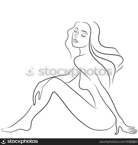 Beautiful dreamy woman sitting with her eyes closed, hand drown vector outline