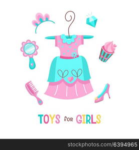 Beautiful dress for the Princess. Vector clipart. Toy accessories for girls. Isolated on a white background.