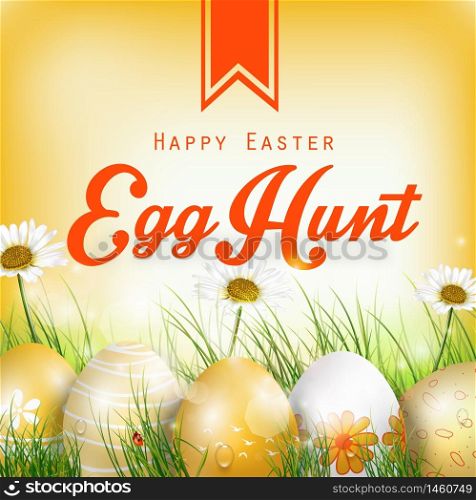 Beautiful Easter Background with flowers and colored eggs in the grass.Vector