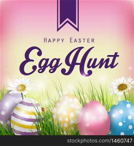 Beautiful Easter Background with flowers and colorful eggs in the grass.Vector