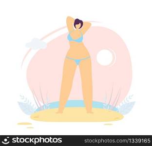 Beautiful Elegant Overweight Cartoon Woman Character in Bikini Posing on Summer Sand Beach Love Body Motivation Flat Promo Banner in Vector Style Positive Illustration Inspire Adore Own Figure. Body Positive Propaganda Motivational Woman Banner