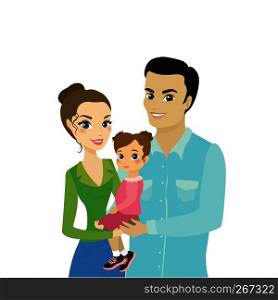 Beautiful family couple with daughter, isolated on white background, stock cartoon vector illustration. Beautiful family couple with daughter