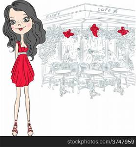 Beautiful fashion girl in red elegant short dress near Paris cafe