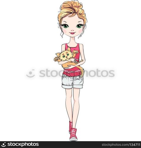Beautiful fashion girl with frightened red cat. Vector beautiful fashion girl with cat
