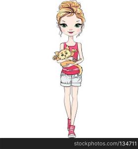Beautiful fashion girl with frightened red cat. Vector beautiful fashion girl with cat