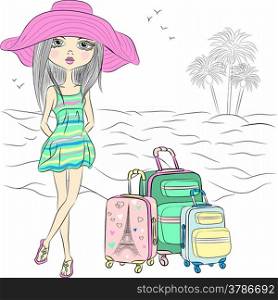 Beautiful fashion traveler girl with suitcases on sea beach
