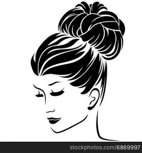 Beautiful fashion women half turn portrait with classical high bun hairstyle and sensual character, vector illustration isolated on the white background