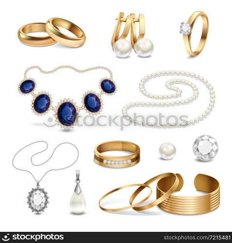Beautiful fashionable gold and silver jewelry and accessories realistic set isolated on white background vector illustration. Jewelry Accessories Realistic Set