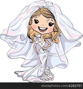 Beautiful fashionable happy girl bride in her wedding dress
