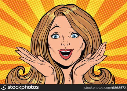 Beautiful female emotional reaction joy. Pop art retro comic book vector illustration. Beautiful female emotional reaction joy