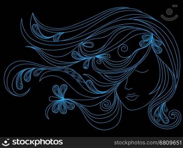 Beautiful female head with long adorned flowing hair, blue vector outline isolated on the black background