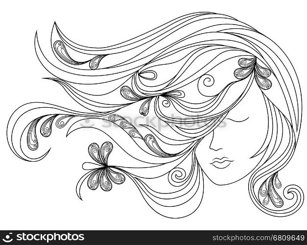 Beautiful female head with long adorned flowing hair, vector outline