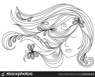 Beautiful female head with long adorned flowing hair, vector outline