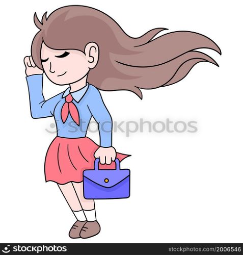 beautiful female student carrying a bag with beautiful hair