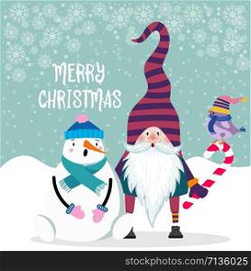 Beautiful flat design Christmas card snowman and gnome . Christmas poster. Vector