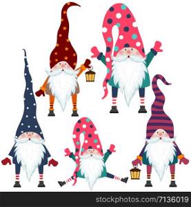 Beautiful flat design gnomes collection. Isolated items. Vector